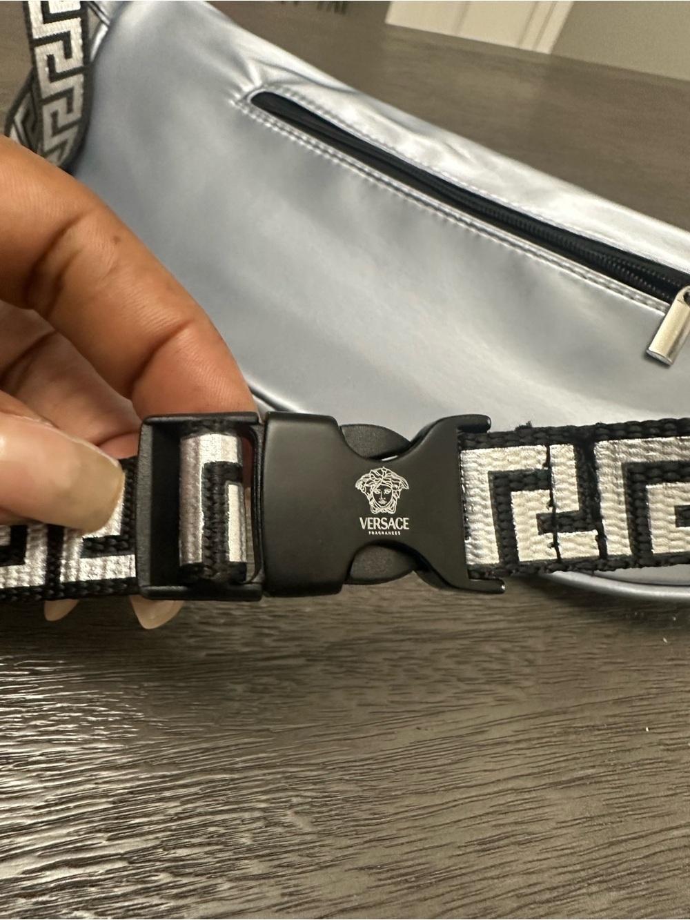 Versace Fragrances Silver Metallic Belt Bag Greek Key Strap - Picture 3 of 4
